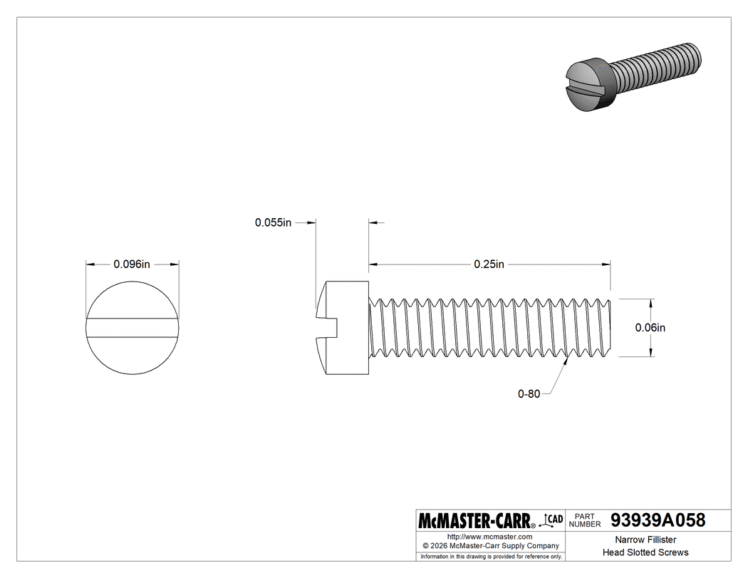 Technical Drawing of Narrow Fillister Head Slotted Screws, Plastic, High-Profile, 0-80 Thread, 1/4" Long.